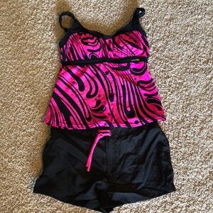 Pink and Black Swirl Tankini Set with shorts